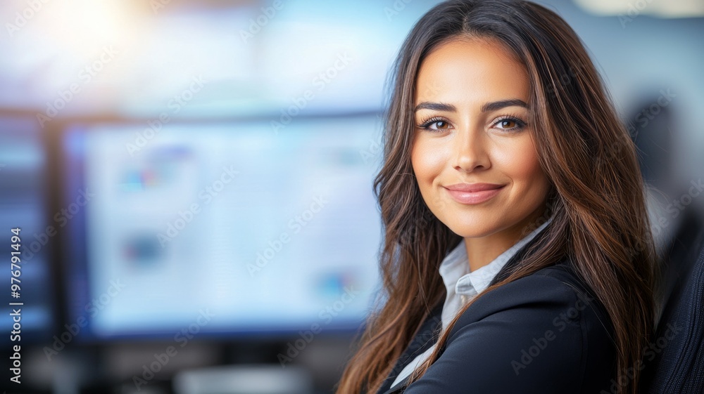 A woman with long brown hair is smiling at the camera