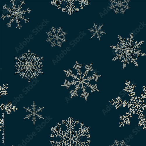 Seamless Christmas pattern white snowflakes on dark blue background. Simple Christmas seamless pattern with geometric motifs. New year vector ornament. Design web, wrapping, wallpaper, cover, textile.