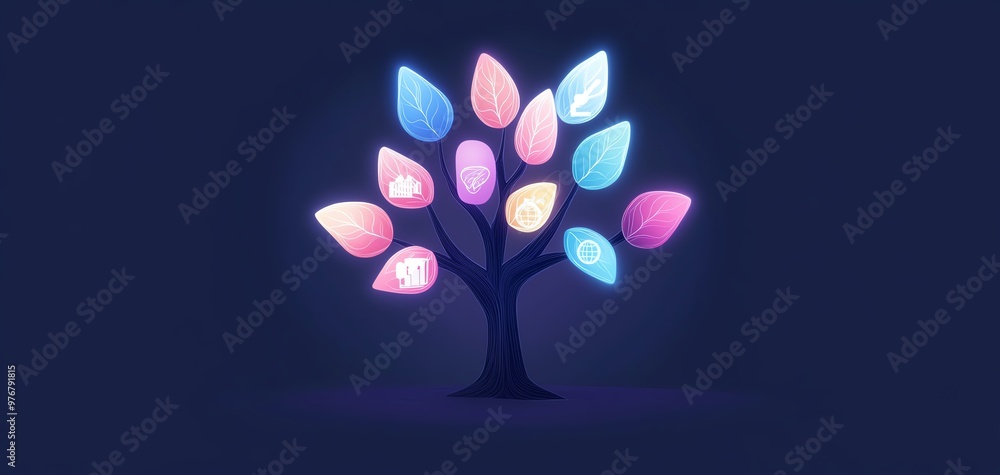 Abstract glowing tree with colorful leaves on dark background, representing digital growth and innovation. Abstract glowing tree with colorful leaves on dark background, representing digital growth and innovation.