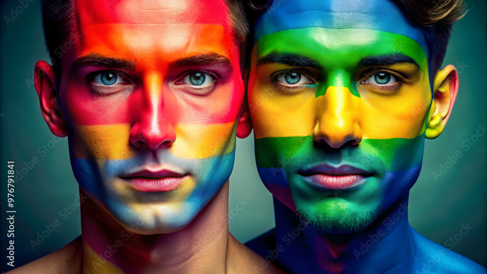 Vibrant stock photo of two faces blending warm and cool colors, symbolizing unity in the LGBTQ+ community, LGBTQ+ Vibrant stock photo of two faces blending warm and cool colors, symbolizing unity in the LGBTQ+ community, LGBTQ+