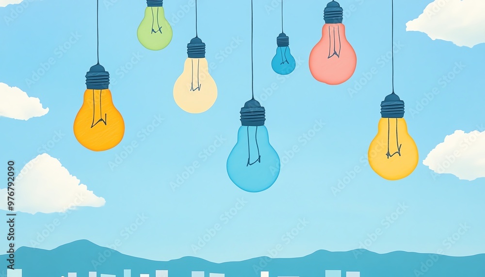 Colorful light bulbs hanging against a blue sky with clouds, symbolizing creativity, ideas, and energy. Colorful light bulbs hanging against a blue sky with clouds, symbolizing creativity, ideas, and energy.