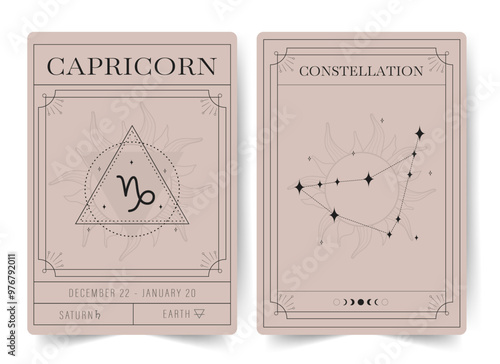 Capricorn. Witchcraft cards with astrology zodiac sign and constellation. Modern boho astrology posters. Perfect for tarot readers and astrologers. Vector illustration.