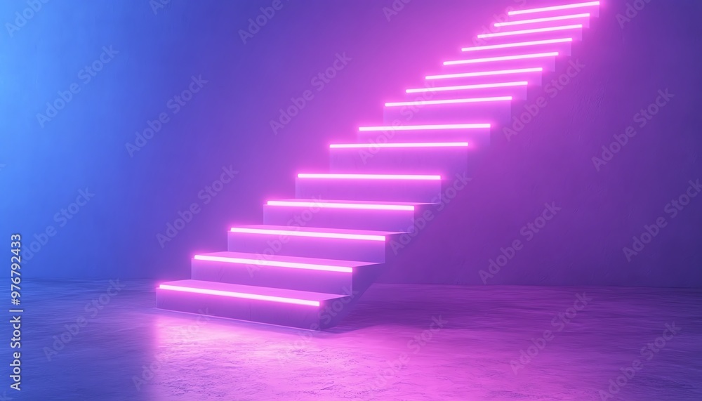 Futuristic neon staircase with vibrant pink and purple lighting in a modern, minimalist setting, creating a surreal and futuristic atmosphere. Futuristic neon staircase with vibrant pink and purple lighting in a modern, minimalist setting, creating a surreal and futuristic atmosphere.