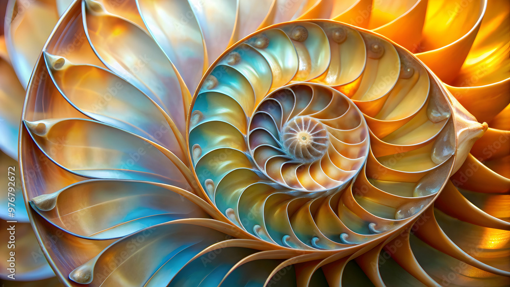 Close up of a beautiful shell pearl spiral nautilus with Fibonacci section symmetry , pearl, spiral, nautilus Close up of a beautiful shell pearl spiral nautilus with Fibonacci section symmetry , pearl, spiral, nautilus