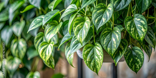 Green variegated leaves of hanging scindapsus pictus exotica houseplant on background, scindapsus, pictus, exotica photo