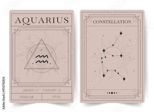 Aquarius. Witchcraft cards with astrology zodiac sign and constellation. Modern boho astrology posters. Perfect for tarot readers and astrologers. Vector illustration.