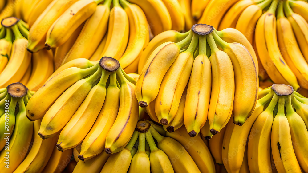 Close-up of a bunch of ripe yellow bananas, fresh, fruit, tropical, healthy, organic, nutrition, delicious, snack, peel Close-up of a bunch of ripe yellow bananas, fresh, fruit, tropical, healthy, organic, nutrition, delicious, snack, peel