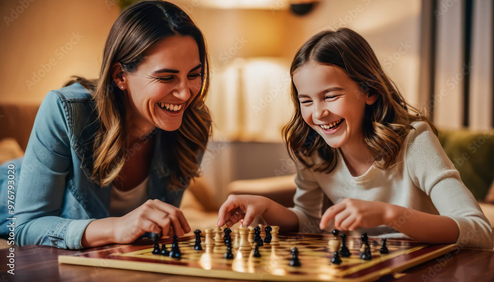 Fototapeta premium A warm and inviting scene of a mother and daughter playing a board game and laughing