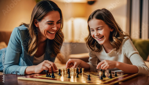 Wallpaper Mural A warm and inviting scene of a mother and daughter playing a board game and laughing Torontodigital.ca