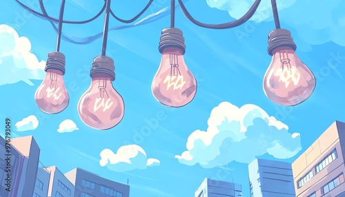 Surreal illustration of light bulbs hanging against a blue sky with clouds, blending urban and dreamlike elements. Vibrant and dreamy atmosphere.
