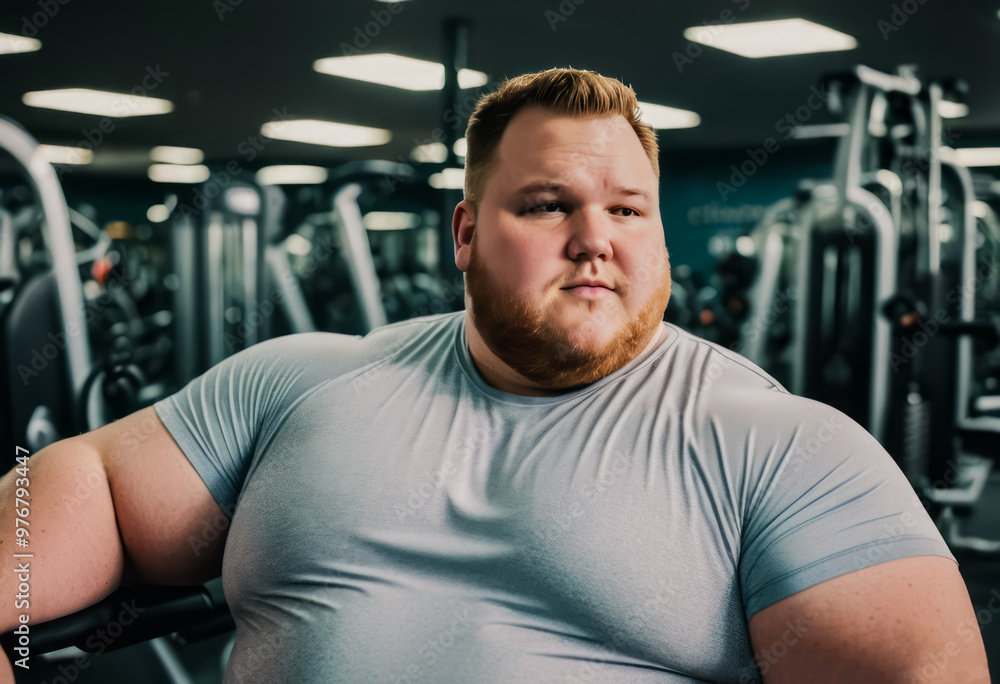 An overweight man at the gym takes a break from working out An overweight man at the gym takes a break from working out