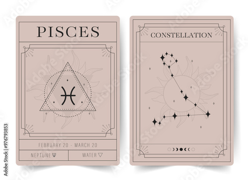 Pisces. Witchcraft cards with astrology zodiac sign and constellation. Modern boho astrology posters. Perfect for tarot readers and astrologers. Vector illustration.