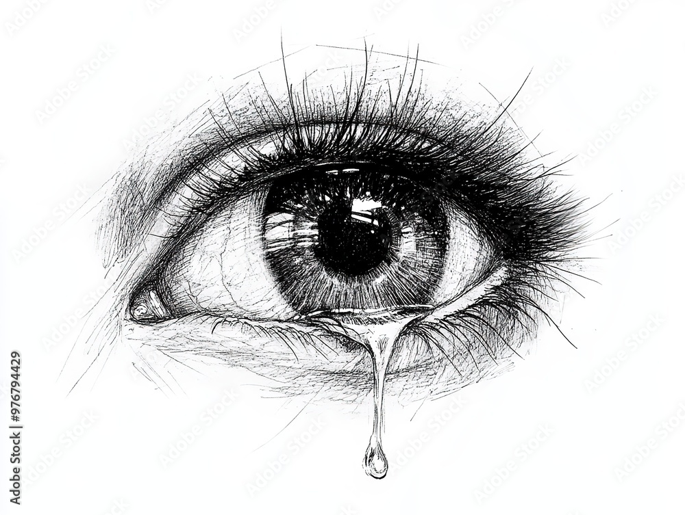 Obraz premium Black and white sketch eye with tear falling from it, Sketch tear eyes art