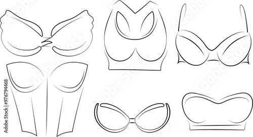 large set of women's underwear logos, namely various tops and bras with silicone cups and push-up cups, a corset and a sports top, vector