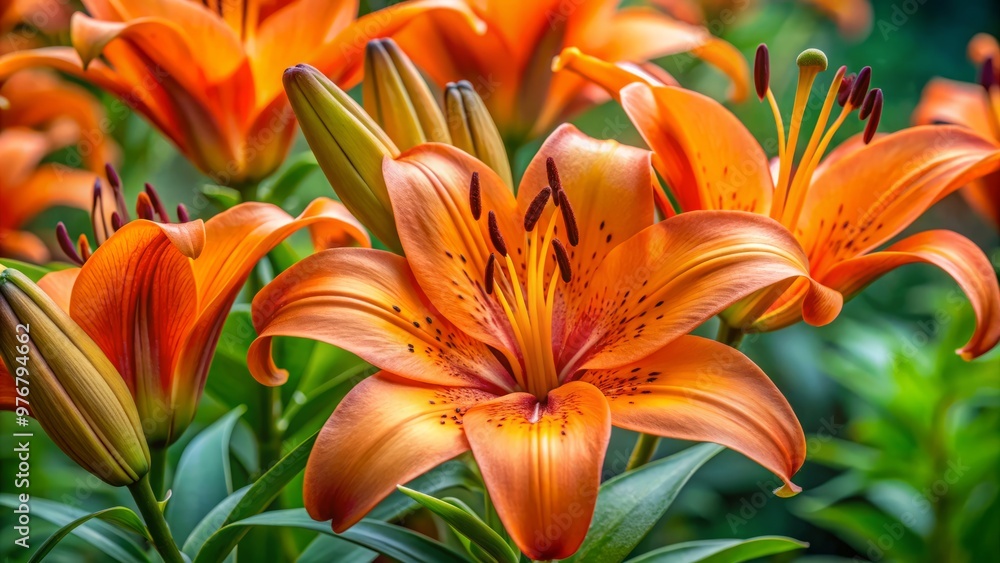 Intricately shaped flowers of vibrant orange trumpet lilies emerge amidst soft green leaves, showcasing the flower's Intricately shaped flowers of vibrant orange trumpet lilies emerge amidst soft green leaves, showcasing the flower's