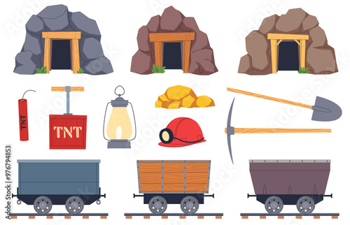 A set of mine elements. Mining of rock, precious metals. Entrance to the mine, trolley for rock transportation. Vector illustration