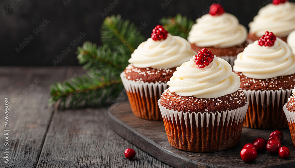 chocolate cupcake topped with creamy frosting and festive red berries on a rustic wooden table. chocolate cupcake topped with creamy frosting and festive red berries on a rustic wooden table.