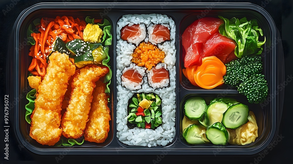 Hyper-realistic Japanese bento box, featuring tempura, sushi, rice, and pickled vegetables, graphic illustration with vivid colors Hyper-realistic Japanese bento box, featuring tempura, sushi, rice, and pickled vegetables, graphic illustration with vivid colors