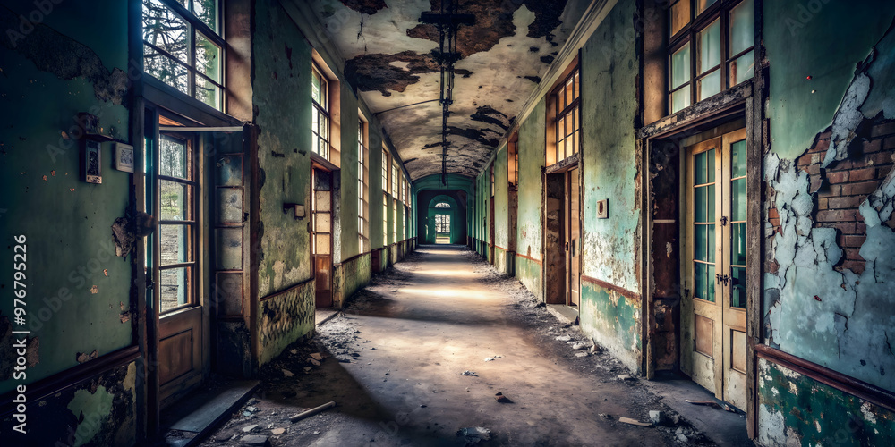 Fototapeta premium Dark, eerie hallway in abandoned building with peeling paint and broken windows, abandoned, dark, hallway, dilapidated