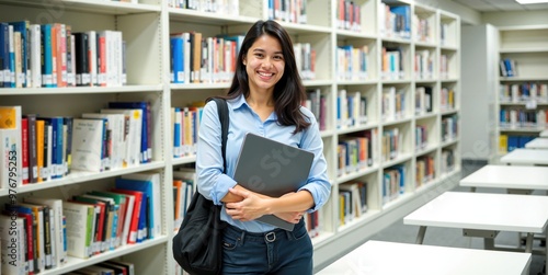 Indian Female Student Holding Laptop While Standing in a University Library