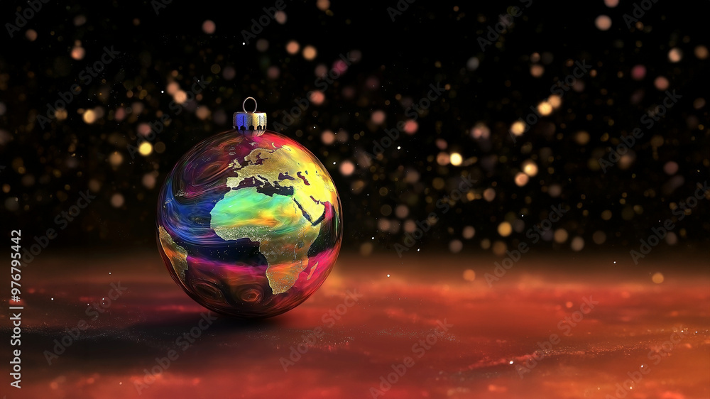 Obraz premium Regenbogen Weihnachtskugel mit Weltkarte. Globales Symbol für Fest der Liebe. Internationale Weihnachtsdekoration. Einheit, Frieden, weltweite Festlichkeit