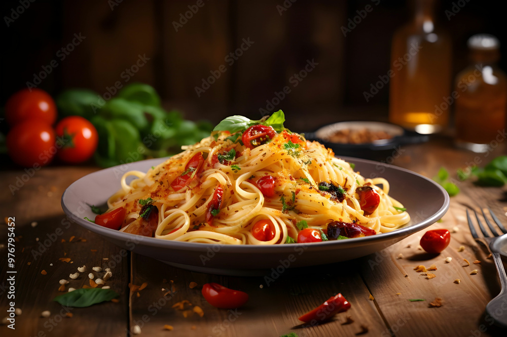 vegan pasta in plate on wooden background vegan pasta in plate on wooden background