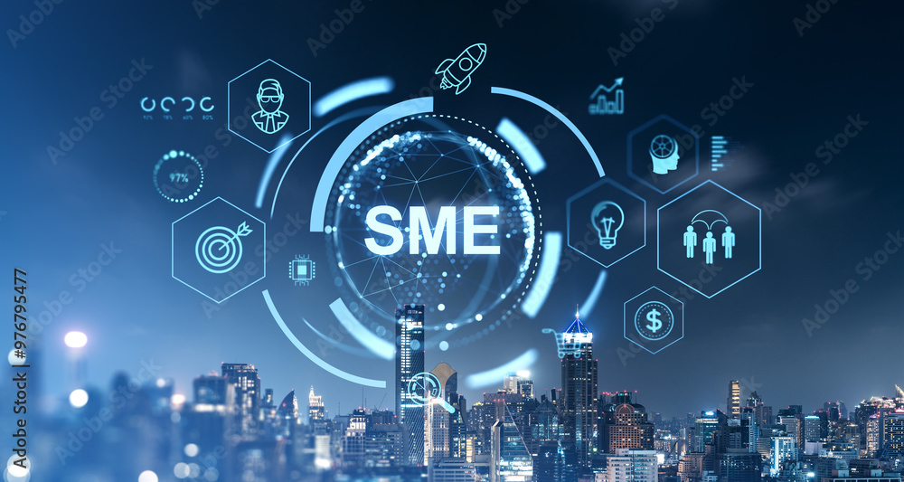 Obraz premium SME glowing hologram and city skyscrapers at night, business management icons