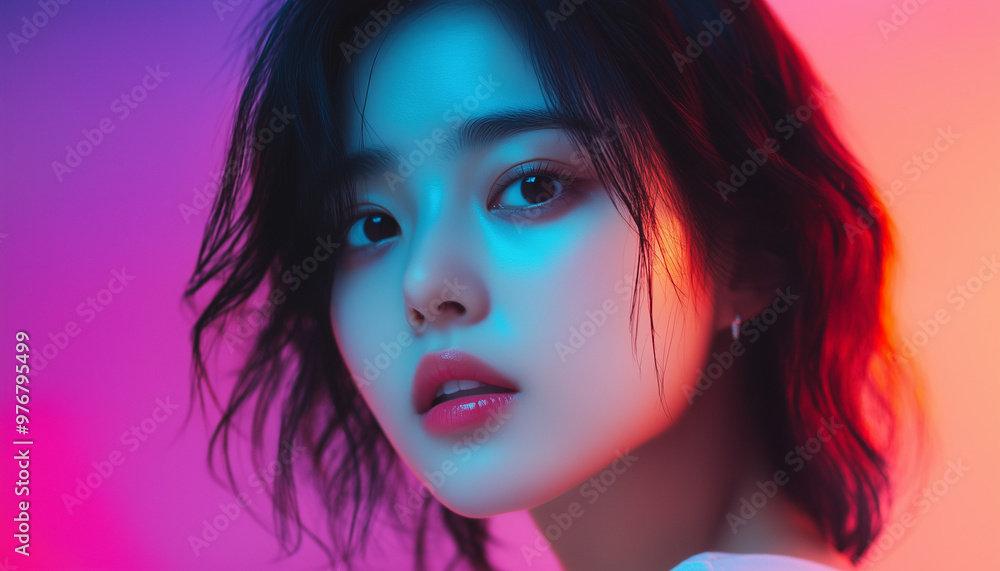 Portrait of a young Asian woman with short black hair, illuminated by vibrant pink and blue lighting, creating a moody and artistic atmosphere. Portrait of a young Asian woman with short black hair, illuminated by vibrant pink and blue lighting, creating a moody and artistic atmosphere.
