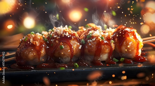 Hyper-realistic graphic of takoyaki, grilled octopus balls with sauce and bonito flakes, sharp textures and vibrant details photo