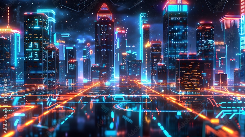 Digital cityscape illuminated by vibrant neon lights, showcasing a futuristic and technologically advanced urban environment. Digital cityscape illuminated by vibrant neon lights, showcasing a futuristic and technologically advanced urban environment.