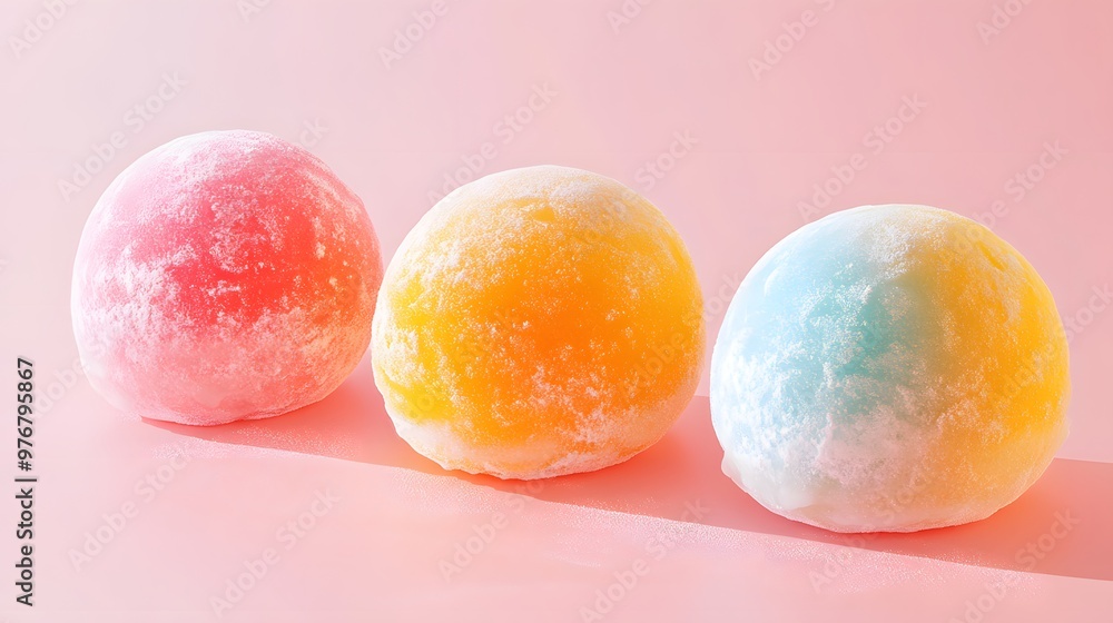 Obraz premium Hyper-realistic graphic of Japanese mochi ice cream, colorful and vibrant, with sharp textures and fresh look