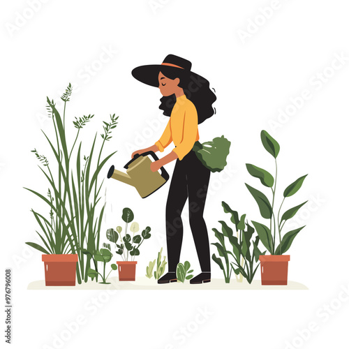 Woman watering plants in garden