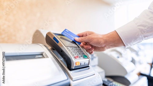  A customer uses a credit card to make a contactless payment at a retail store, highlighting the speed and convenience of modern transactions.
