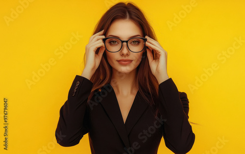 young business woman standing on yellow background