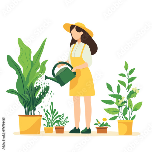 Woman watering plants in garden