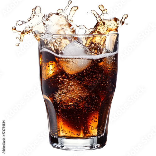 Fizzing Soda Splash in Transparent Glass on Isolated Background