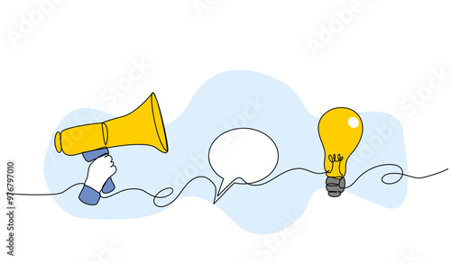 Vector illustration of conveying ideas via megaphone and chat. Modern flat in continuous line style.
