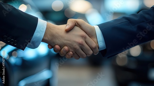 Business Deal, Customer shakes hands with sales manager in car showroom after purchasing a new luxury car