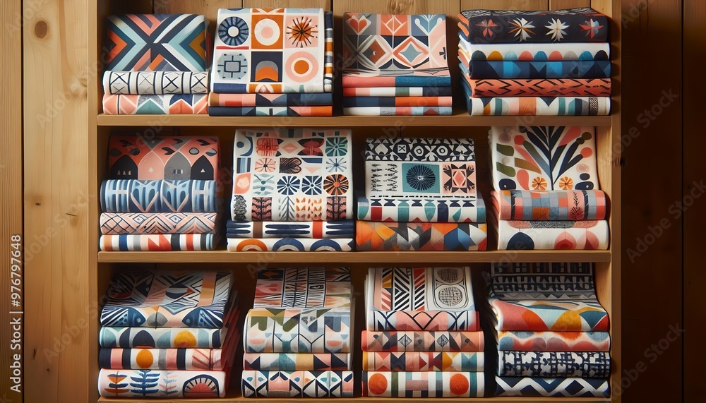 Colorful Fabric Rolls and Patterns Displayed on Shelves Colorful Fabric Rolls and Patterns Displayed on Shelves