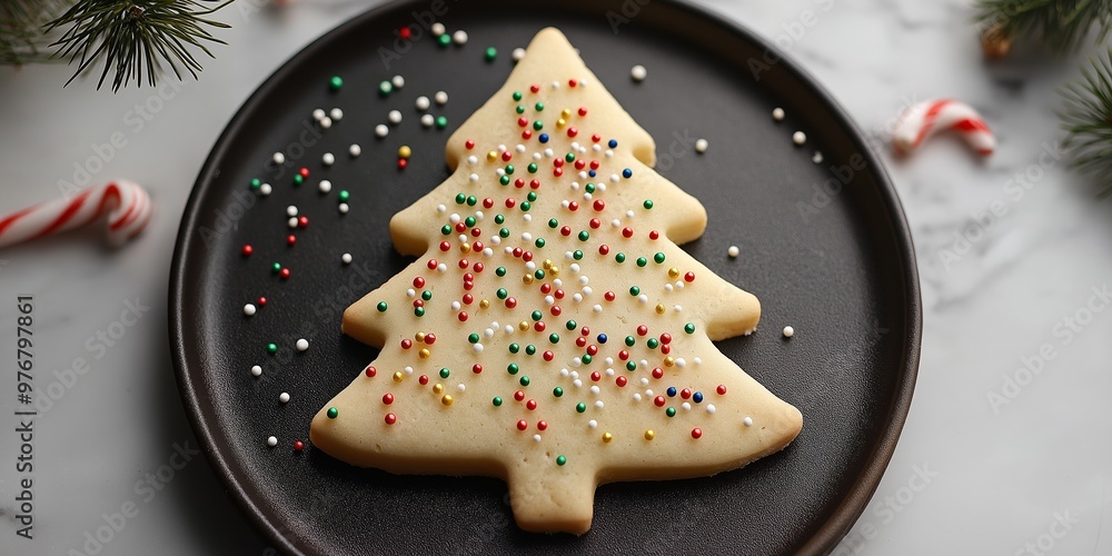 Naklejka premium A Christmas tree cookie is decorated with colorful sprinkles. The cookie is placed on a black plate