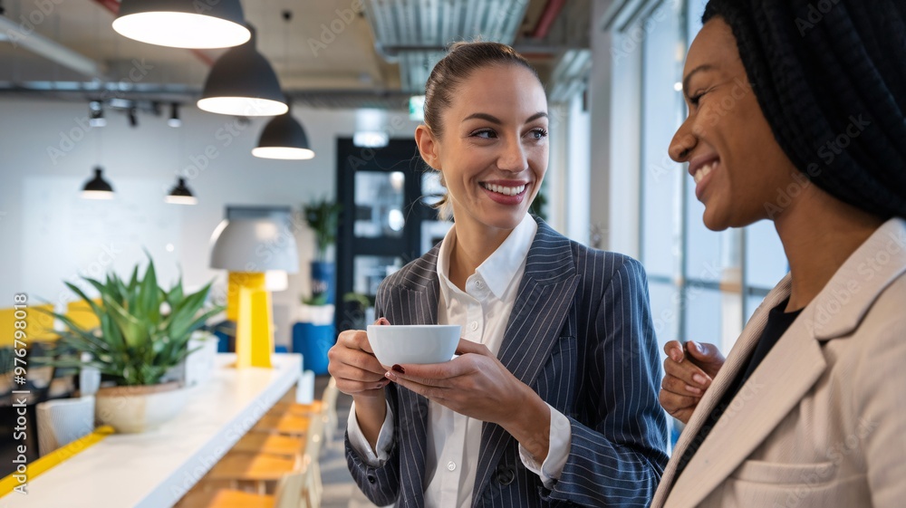 Colleagues Sharing a Laugh Over Coffee Break in Modern Office. Two professional women enjoy a light moment during a coffee break in a vibrant office space. Colleagues Sharing a Laugh Over Coffee Break in Modern Office. Two professional women enjoy a light moment during a coffee break in a vibrant office space.