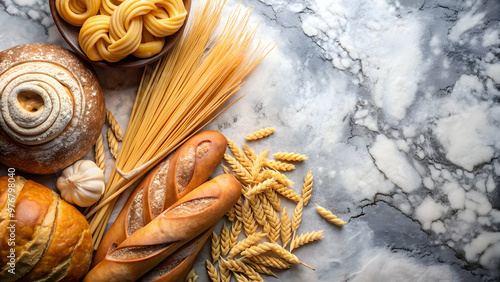 Artisan bread and twirls of pasta nestle amidst wheat sheaves on marble, artisan, bread, pasta, wheat, sheaves, marble, nestle