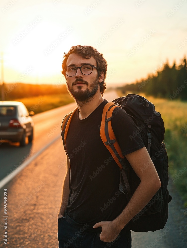 Naklejka premium Man with Backpack Standing by Road