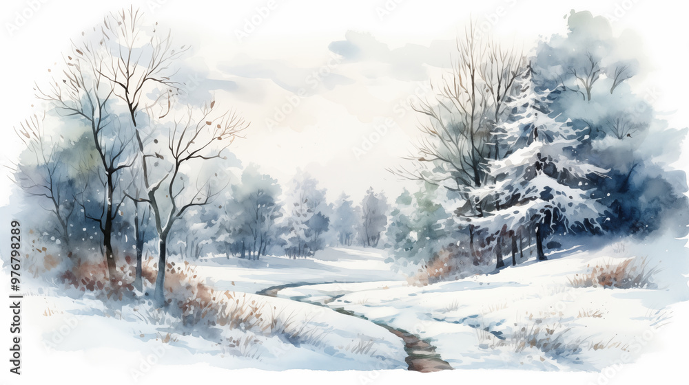 Fototapeta premium Watercolor painting empty panoramic winter background with copy space