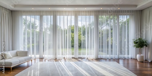 Silk-white curtains softly filter sunlight, infusing the room with a sense of serenity as they cascade from modern