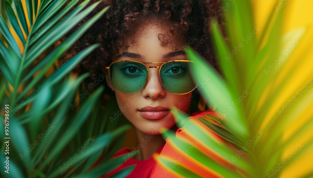 Young woman with curly hair wearing stylish sunglasses, framed by vibrant green leaves against a bright yellow background. Young woman with curly hair wearing stylish sunglasses, framed by vibrant green leaves against a bright yellow background.