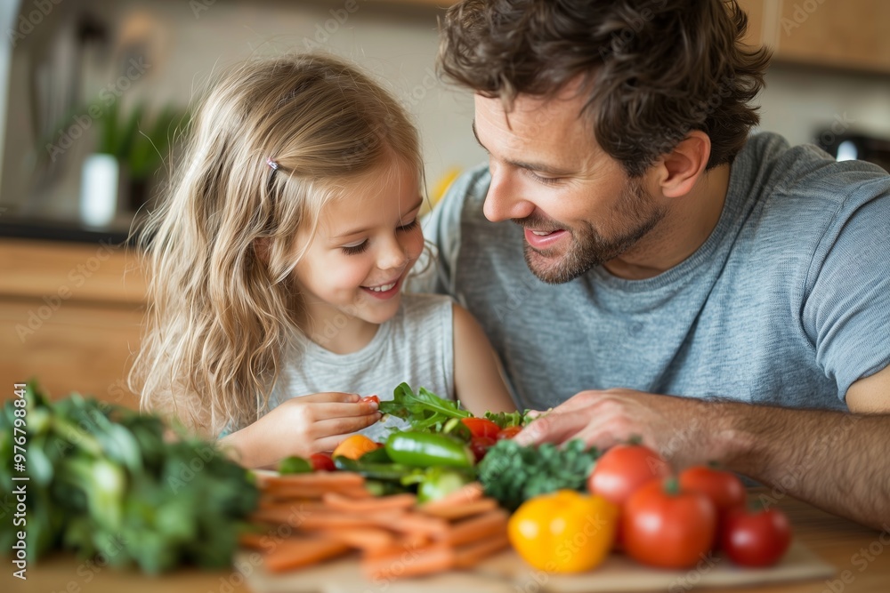 A man and a little girl are sitting at a table with a variety of vegetables A man and a little girl are sitting at a table with a variety of vegetables