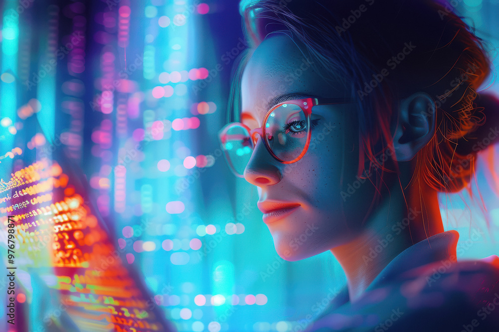 young woman reading analytics and holograms of data young woman reading analytics and holograms of data