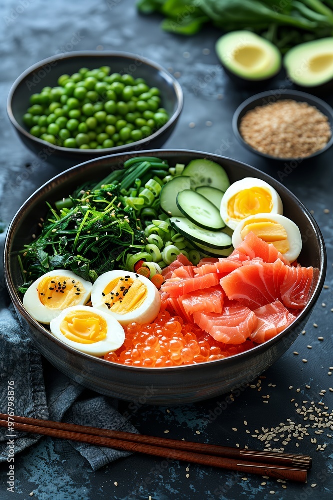 A vibrant sushi bowl with fresh salmon, eggs, peas, greens, and cucumber, presented in a colorful and appetizing manner A vibrant sushi bowl with fresh salmon, eggs, peas, greens, and cucumber, presented in a colorful and appetizing manner