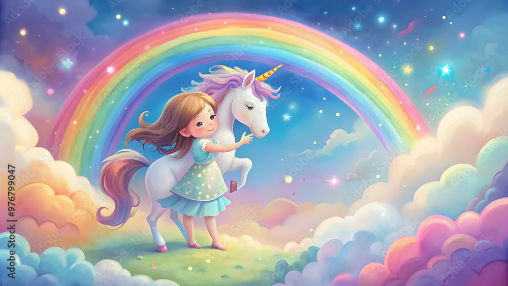Cartoon girl hugging unicorn under rainbow in dreamy atmosphere with watercolor technique , magical, fantasy, whimsical Cartoon girl hugging unicorn under rainbow in dreamy atmosphere with watercolor technique , magical, fantasy, whimsical